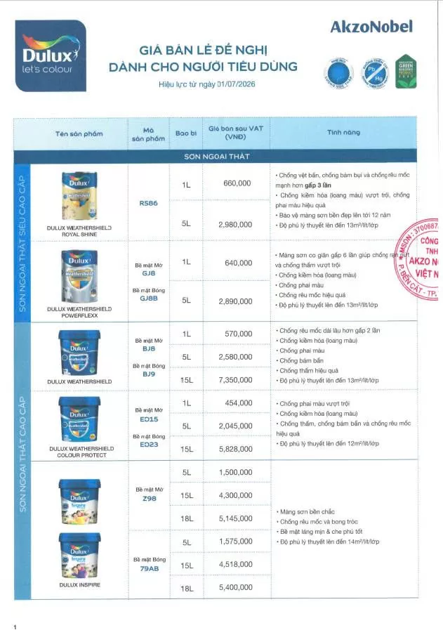 Bảng giá sơn Dulux mới nhất 2026 tham khảo-1